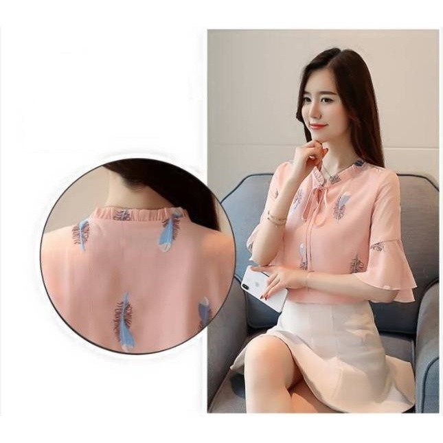[Ready Stock] Women Bell-Sleeve Flower Chiffon Blouse Korean Style Short Sleeves Loose Shirt #2