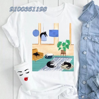 Kawaii เสื้อยืดแขนสั้น พิมพ์ลายกราฟฟิคแมว 90s สีน้ํา แฟชั่นสําหรับผู้หญิง