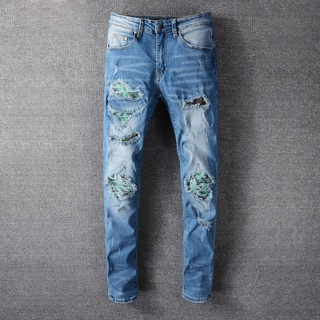 AMIRI destruction wash patch diamond-studded jeans mens hole stretch slim-fitting pants