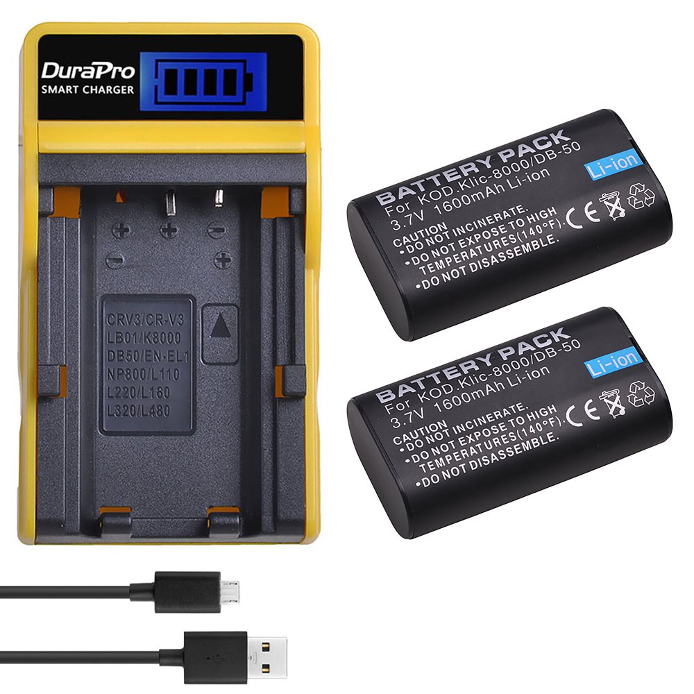 DuraPro 2PC 1600mAH KLIC-8000 KLIC 8000 DB-50 Li-ion Battery + LCD USB Charger for KODAK Z612 Z712 Z