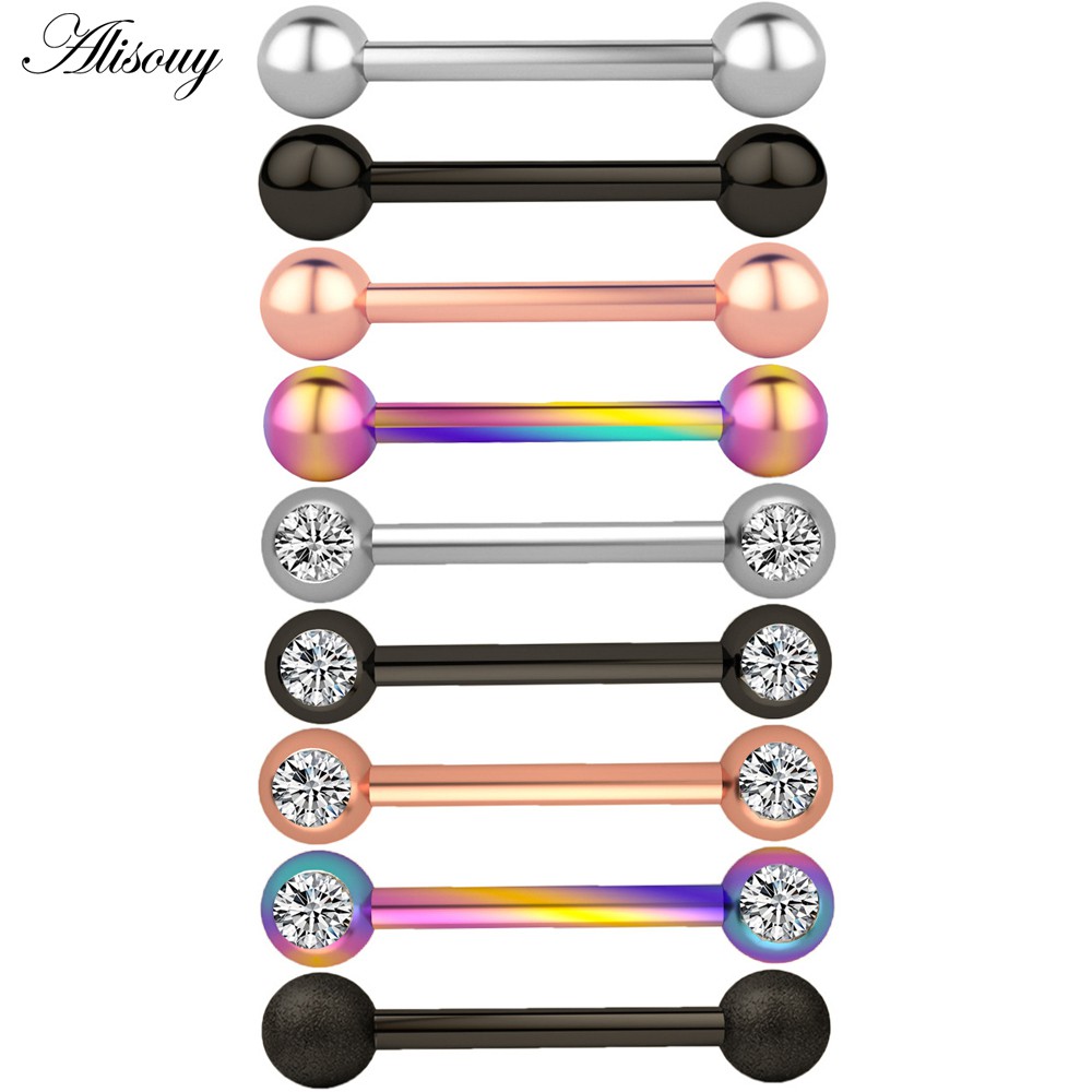 Alisouy 2PCS 14G สแตนเลสผู้หญิงยาวอุตสาหกรรม Barbell ลิ้นจุกนมแหวนบาร์ Tragus Helix หูเจาะเครื่องประดับ