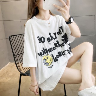 เสื้อยืด คอกลมแขนสั้น Oversize ลายยิ้ม มีสกรีนด้านหลัง มี3สี ลายสวยน่ารัก