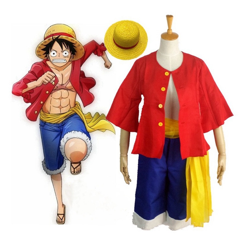 Monkey D Luffy Cosplay Anime Luffy Cosplay Costume  Pants Straw Hat Red Top Belt Halloween Costumes 