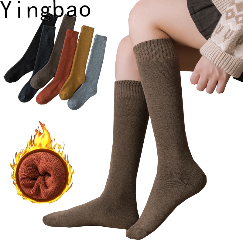 Yingbao คลังสินค ้ าพร ้ อมถุงเท ้ าน ่ องยาวขนสัตว ์ เข ่ าฤดูหนาว Warm ใหม ่ ผู ้ หญิงสุภาพสตรีสีทึบ 1 คู ่