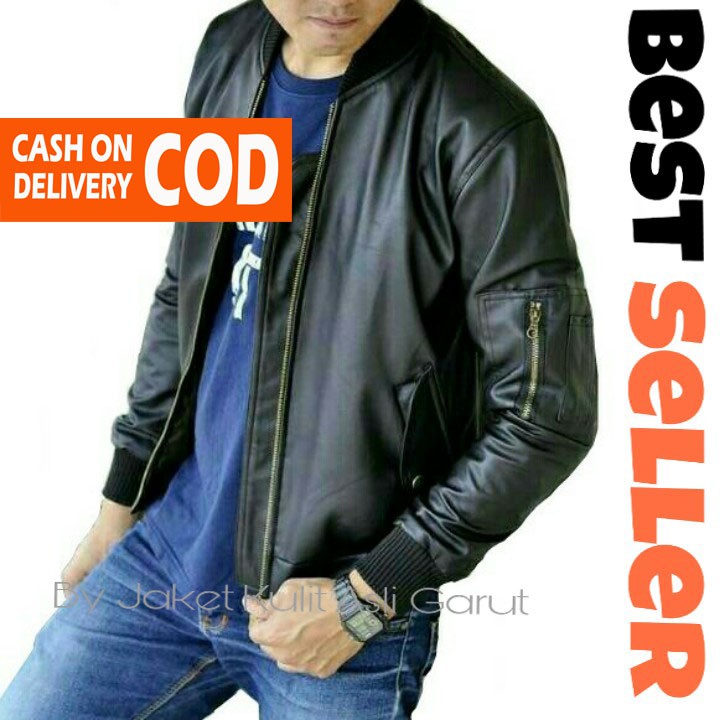 Hitam Mens Bomber Jacket เสื้อแจ็คเก็ตหนังผู้ชาย Exclusive Mocca Semi Leather Jacket Mens Black Bomb