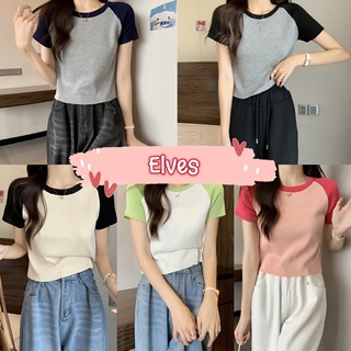 Elves✨พร้อมส่ง✨ เสื้อไหมพรมคอกลม แขนสั้น ผ้านิ่มสีพื้นใส่สบายมาก ~58067-2~