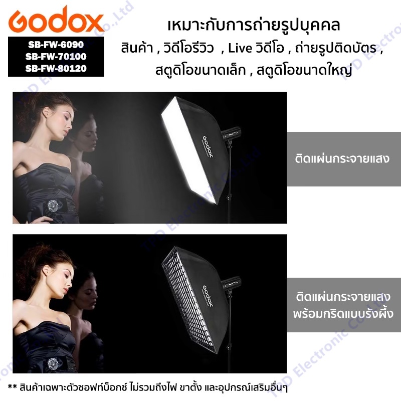 Godox ซอฟท์บ็อกซ์ทรงสี่เหลี่ยมผืนผ้าพร้อมกริดแบบรังผึ้ง รุ่นSB-FW-6090/SB-FW-70100/SB-FW-80120 ขนาด60x90/70x100/80x120ซม