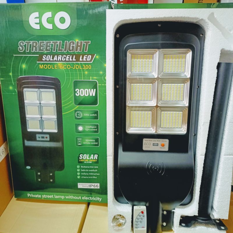 โคมถนน โคมหัวเสา โซล่าเซลส์ 300w มีรีโมท พร้อมขา    Solar Light LED ไฟโซล่าเซลล์ ไฟLED แสงสีขาว โคมไ