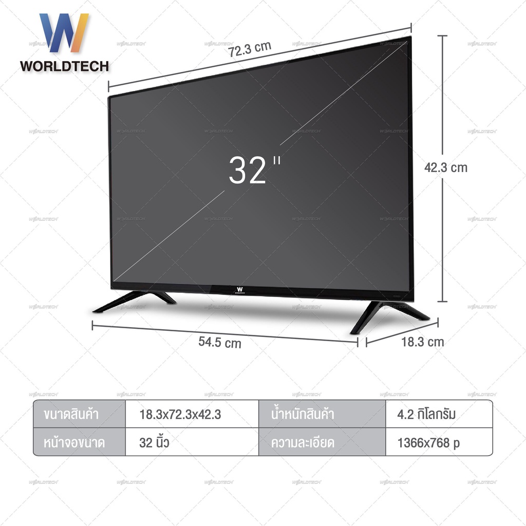 0LHH Worldtech ทีวี 32 นิ้ว Android Smart TV แอนดรอย สมาร์ททีวี HD Ready YouTube/Internet/Wifi ฟรีสาย HDMI (2xUSB, 3xHDM