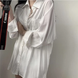 ล้างสต็อก🔥 PB2800 เสื้อเชิ้ตผู้หญิง oversize ผ้าคัตตอล อย่างดี เสื้อเชิ้ตแขนยาวกันแดดชิคสไตล์เกาหลี สีขาว/ฟ้า