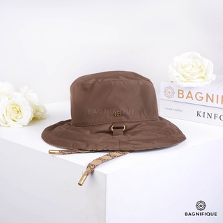 GUCCI BUCKET HAT WITH STRAP MONOGRAM BROWN SIZE S