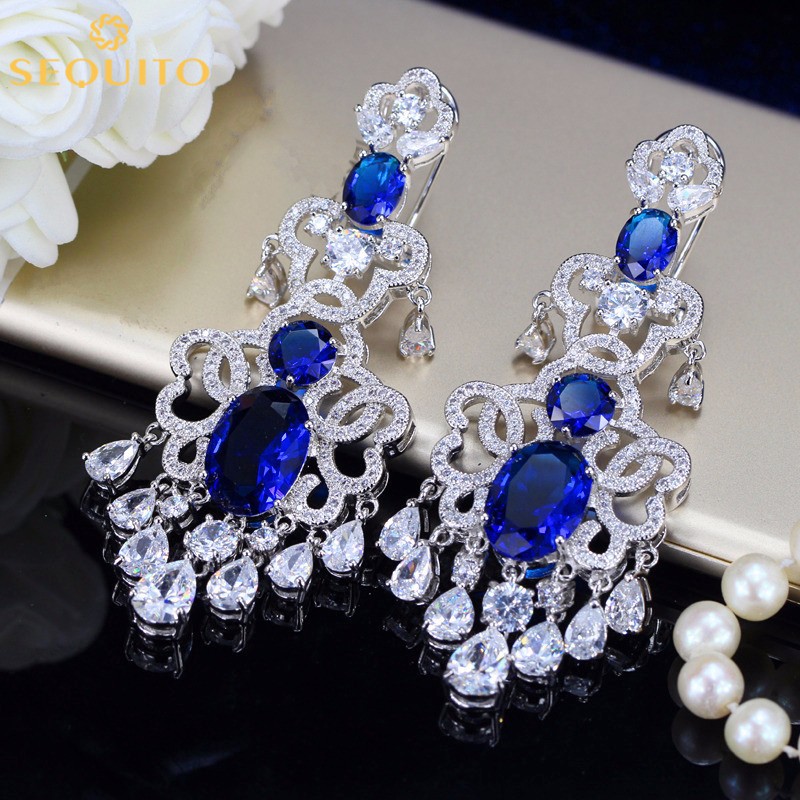 SEQUITO Royal Design Sapphire Zirconia คริสตัลพู่ Super Big Dangling ต่างหูผู้หญิงหมั้น Earing เครื่องประดับงานแต่งงาน E171
