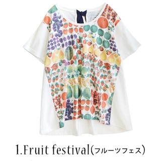 เสื้อยืดแขนสั้นแบรนด์ Kilki ลาย Fruit Festival ซื้อที่ญี่ปุ่น ด้านหลังมีผ้าเป็นผูกโบว์ได้ ของใหม่ซักเก็บ