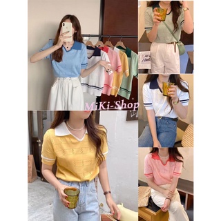 *😍Miki-Shop💕*พร้อมส่งเสื้อคอปก ไหมพรม เสื้อครอปคอปกA369*