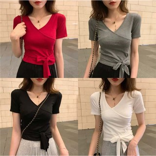 Bonnie(พร้อมส่ง/ใหม่)รุ่น#H243เสื้อไหมพรมแขนสั้นคอวีผูกเอวทรงน่ารัก