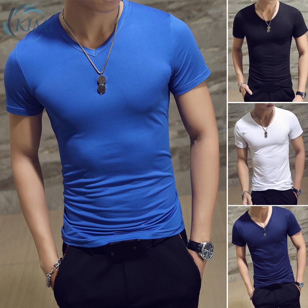 Male T shirt Short sleeve Solid color V neck Simple Muscle Summer ...