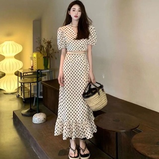 2022 ใหม่สตรีวินเทจ first love กระโปรงหวานสองชิ้นชุด fishtail polka dot dress