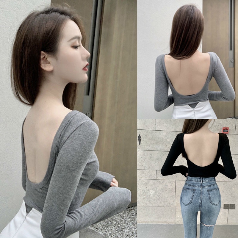 เสื้อยืดโชว์หลังเซ็กซี่ เสื้อครอปแขนยาวผู้หญิง