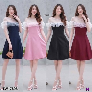 TT17898 Dress เดรสสีพื้น แต่งผ้าตาข่าย .Dress Basic color dress decorated with mesh fabric ..