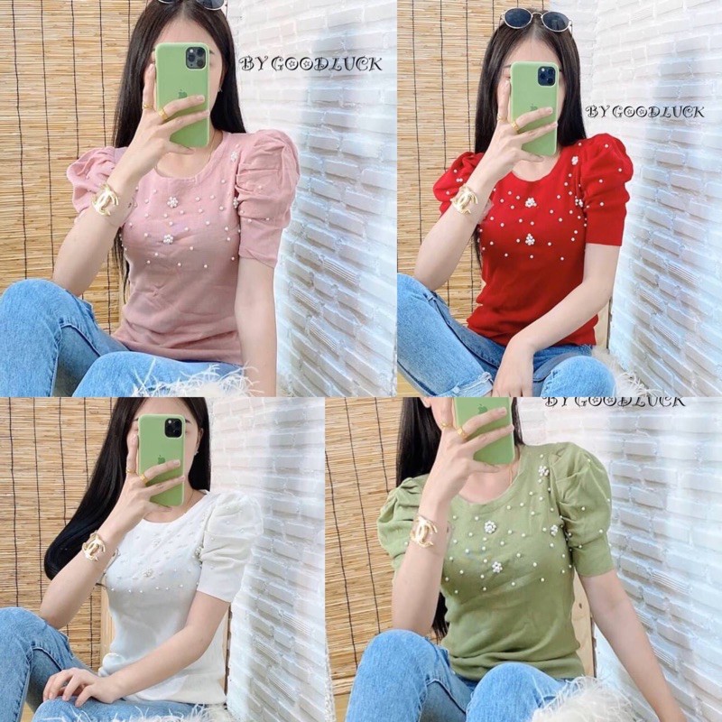 Dzaishop ครบสี แขนสั้นทรงไหล่ตั้ง เนื้อผ้าไหมพรมบางๆ