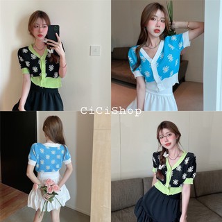 Cicishop(พร้อมส่ง)เสื้อครอปไหมพรมแขนสั้น กระดุมหน้า(แกะได้จริง) ลายดอกไม้(B169)