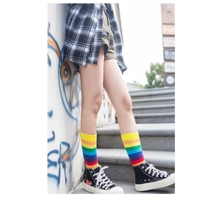 ฟรีไซส🌈ลายสายรุ้ง ถุงเท้าแฟชั่น ผ้าฝ้าย ถุงเท้าข้อกลาง NO.48