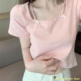 🌈พร้อมส่ง🌈Pure Desire Sweet Cool Hot Girl เสื้อยืดคอเหลี่ยมสีชมพูแขนสั้นผู้หญิงเก๋ไก๋เอวสูงสั้นTop