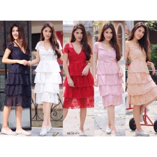 TwinsShopVip💗พร้อมส่ง TW4636 เดรสลูกไม้ขนมชั้น Layered dessert lace dress