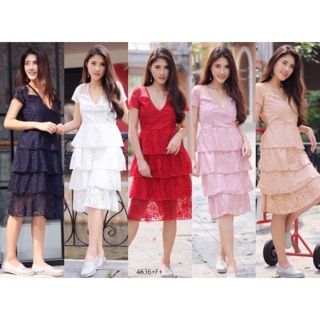 TwinsShopVip💗พร้อมส่ง TW4636 เดรสลูกไม้ขนมชั้น Layered dessert lace dress