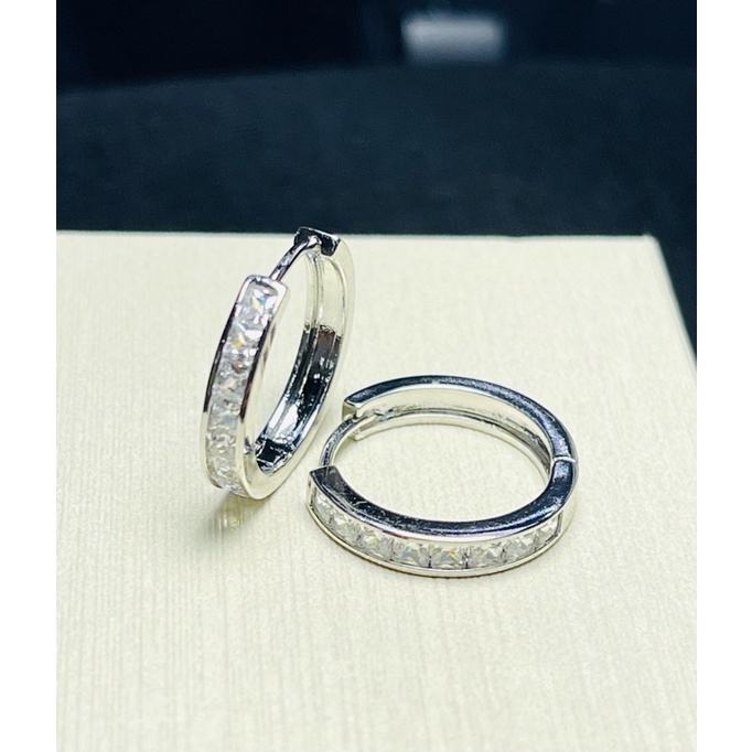 ราคา1คู่ งานเกาหลีแท้100%ต่างหูห่วงเพชรรัชเซียหุ้มทองทองคำขาว ขนาด2x12mm.สำหรับผิวแพ้ง่ายใส่อาบน้ำได้ไม่ลอกไม่ดำไม่แพ้