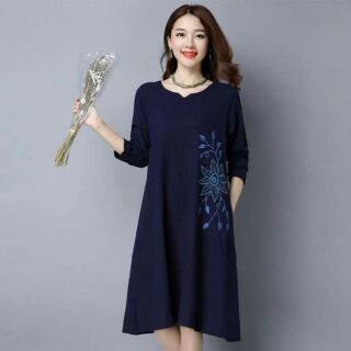 แฟชั่นเกาหลี - เดรสผ้าฝ้ายสีกรมท่า ปักลาย มี XL ไซส์เดียวค่ะ  (9-015/Navy)