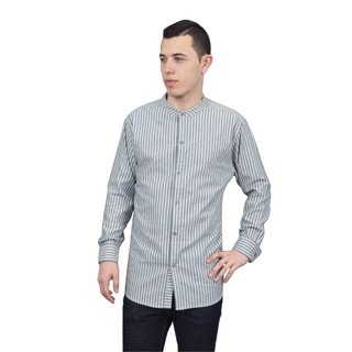 Han&amp;Co.Mandarin Stripe Long Sleeve-Grey เสื้อเชิ้ตแขนยาวลายทางสีGrey(สีเทา)
