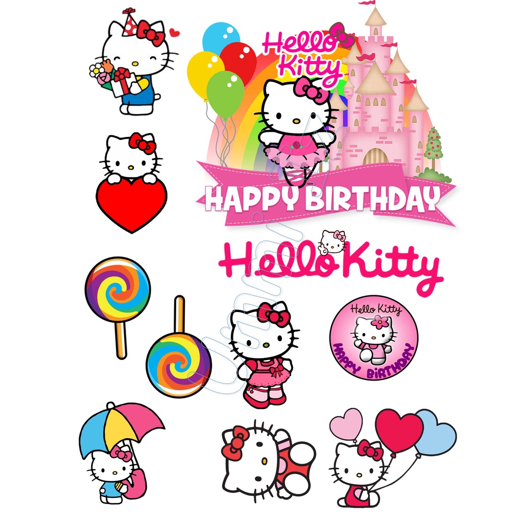 Happy Birthday Topper Cake การ์ตูน Hello Kitty (CUSTOM NAME)