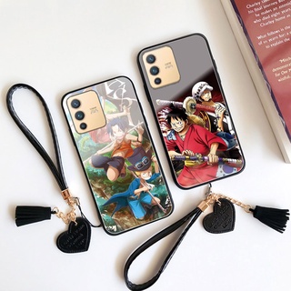 เคสโทรศัพท์มือถือกระจกนิรภัย แบบแข็ง กันกระแทก ลายการ์ตูนลูฟี่วันพีช พร้อมสายคล้อง สําหรับ vivo X70 X60 X50 pro plus X30 pro x27 x70pro x60pro plus x27pro