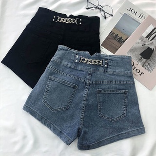 🔥Hot Sale / High Waist Denim Shorts Womens 2022 Korean Version Retro Metal Chain Design Wide Leg Pants