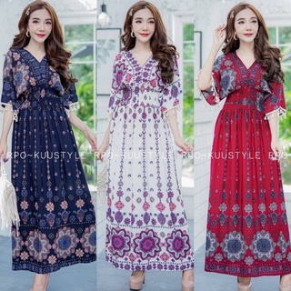 Dress Bigsize #no2 แมกซี่เดรสทรงค้างคาว ลายโบฮีเมียน คอวีหน้า-หลัง รุ่นนี้ใส่ได้ทั้งสองด้านคะ