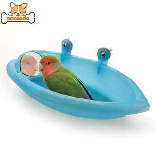 Pet Bird Bath With Mirror Toy And Food Feeder Bowl For Parrot