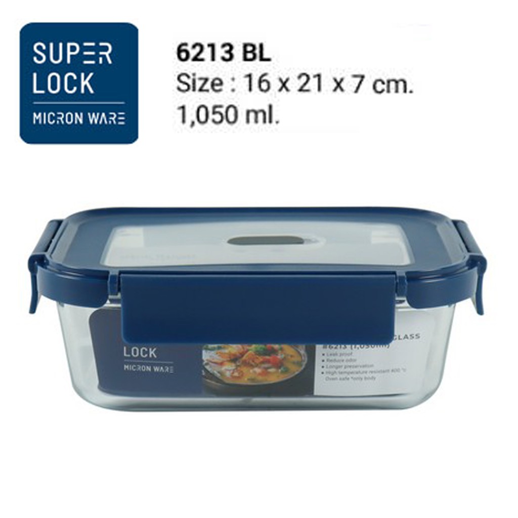 Superlock Glass รุ่น 6226 กล่องแก้วถนอมอาหารมีช่องแบ่ง 2 ช่อง ทรงผืนผ้าล็อก 2 ชั้นรุ่น Color Series ความจุ 980 มล. สีฟ้า