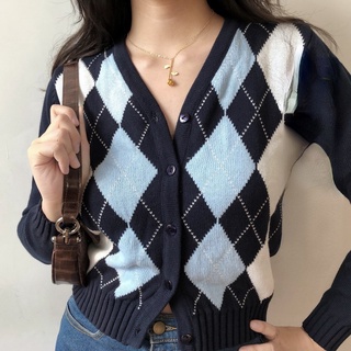 C&amp;M Women Long Sleeve Crop Sweaters Vintage V-Neck Button Down Diamond Plaid Knit Cardigan