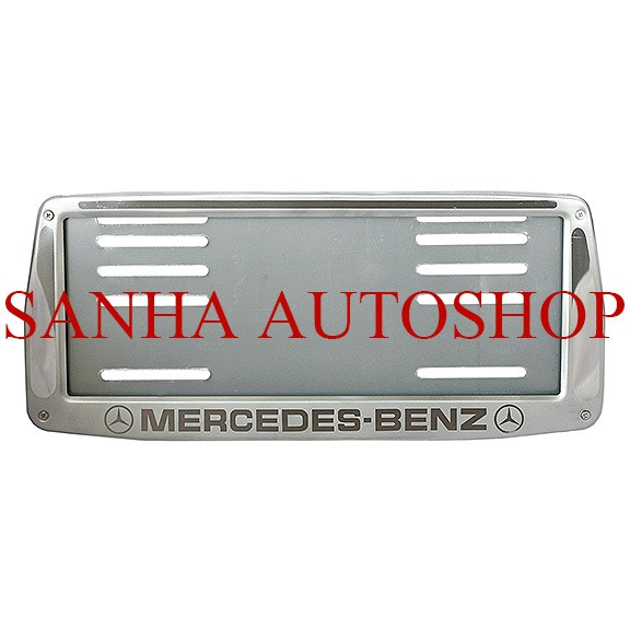 กรอบป้ายทะเบียนสแตนเลส โลโก้ Mercedes Benz ทรงสี่เหลี่ยมคางหมู