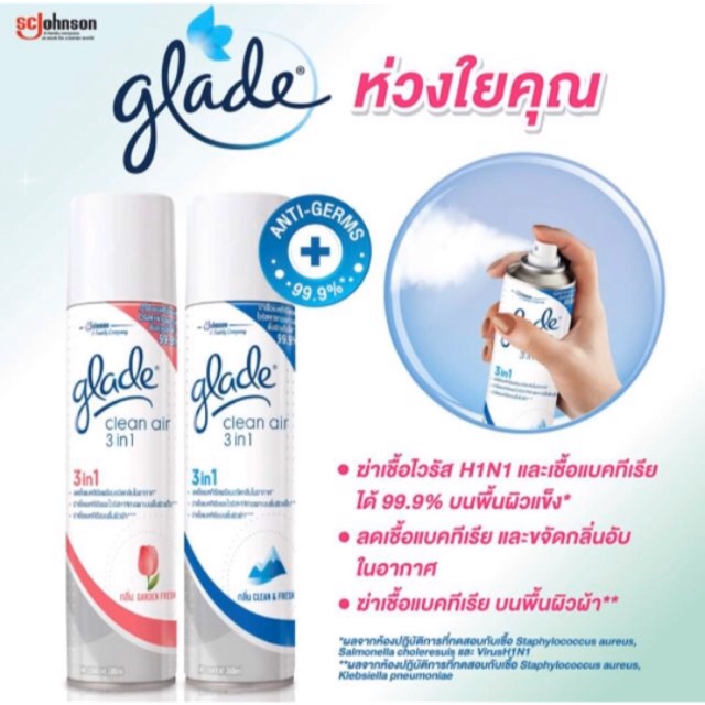 Glade clean air 3 in 1 สเปรย์ฆ่าเชื้อโรค แบคทีเรีย ฆ่าไวรัสH1N1 99.99% glade clean air