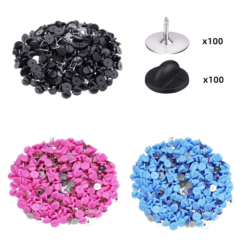 BTF 100 ชุด Tie Tacks หมุดเปล่าพร้อมหมุดยาง PVC ด้านหลังสําหรับสีเงินสีดํา
