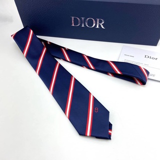 CHRISTIAN DIOR CD  BLUE RED STRIPE TIE เนคไท แบรนด์คริสเตียนดิออร์ ลายทางเฉียง สีกรมท่าและสีแดง ตัวหนังสือ CD งานปัก