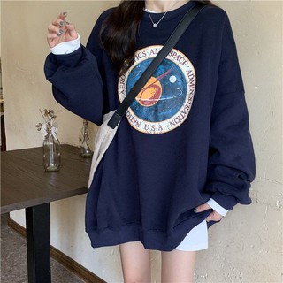 Autumn and winter fleece-lined thickened printed crew neck sweatshirt womens new Korean style loose bf Mid-length long