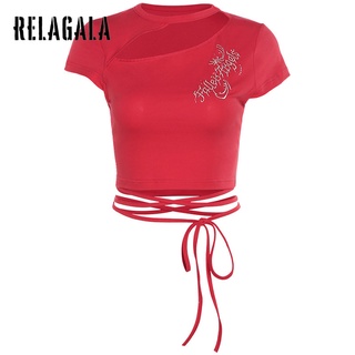 Relagala ใหม่ เสื้อยืด แขนสั้น เปิดไหล่ เปิดสะดือ เข้ารูป สําหรับผู้หญิง