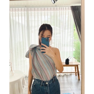เสื้อผูกโบว์ไหล่ ผ้าลินิน ลายน่ารักม๊าก😊💕