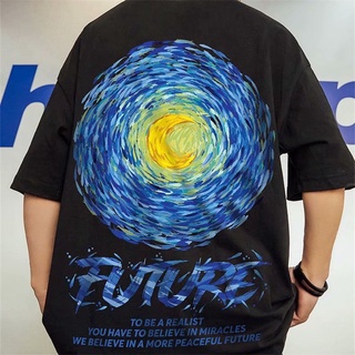 S-8XL สไตล์ยุโรปและอเมริกา Van Gogh Starry Sky แขนสั้นเสื้อยืดผู้ชายและผู้หญิงอินเทรนด์แบรนด์แฟชั่นหลวมฤดูร้อนสไตล์ฮ่องก