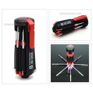 ไขควงแบบพกพา 8 in 1  Multi Portable Screwdriver with 6 LED Torch Tools Set