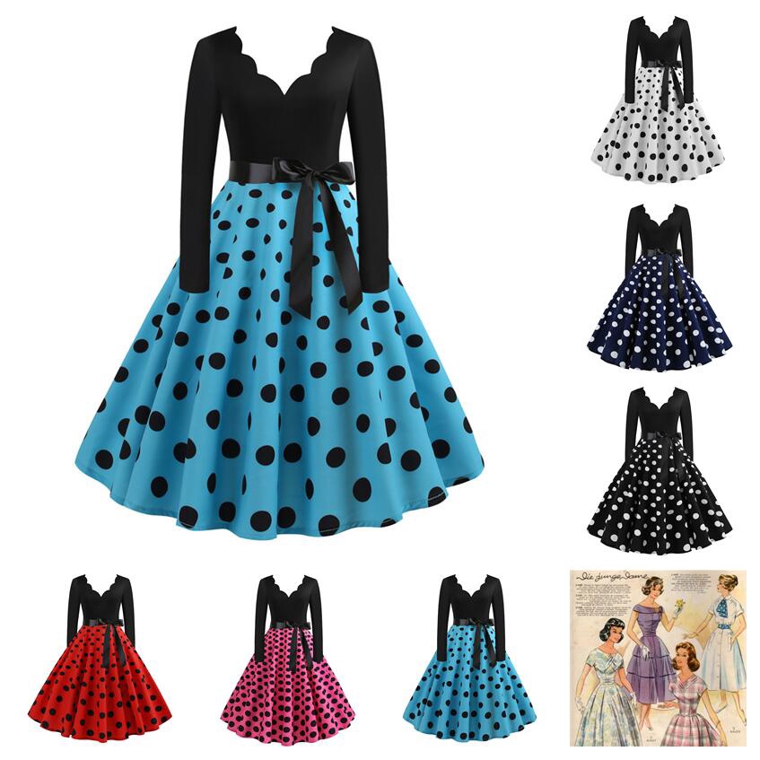 ❥ย้อนยุค 1950s เก๋มีระดับ❥50Sv คอปก Polka Dot แขนยาวพิมพ์ Elegant Swing Dress 50S60s Casual
