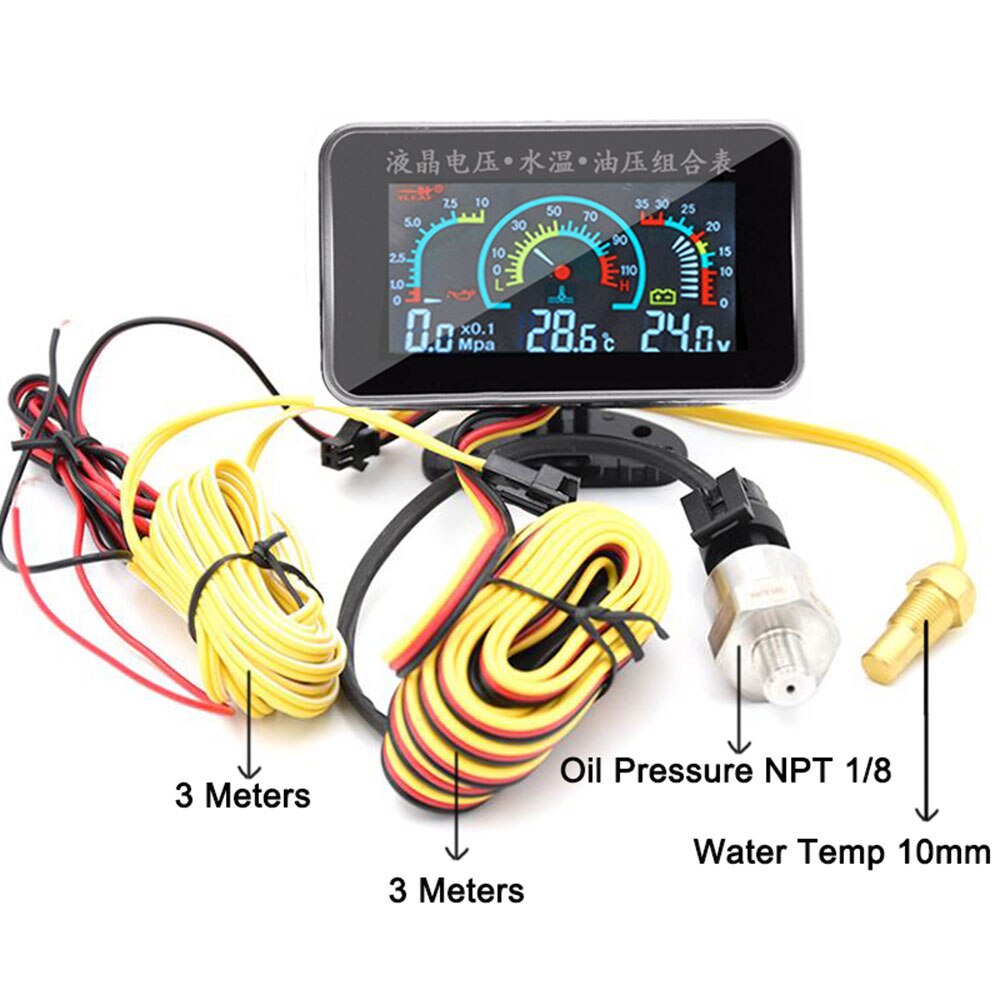 3 In 1 LCD Car Digital Oil Pressure gauge โวลต์มิเตอร์ Water Temp meter 1/8 NPT Oil Pressure sensor + Water Temperature sensor 10mm
